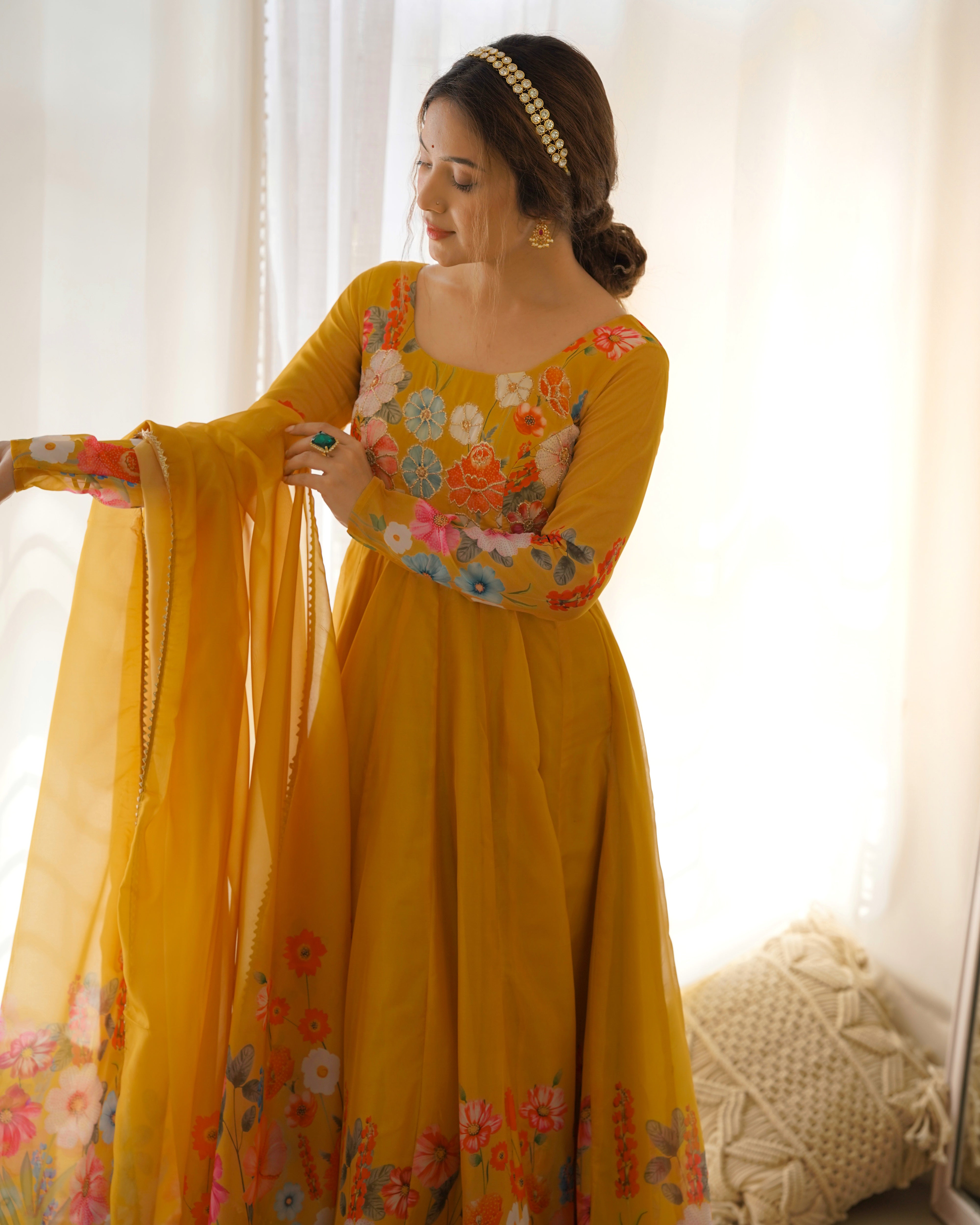 Yellow Floral Organza Silk Anarkali Set with Gota Patti Dupatta