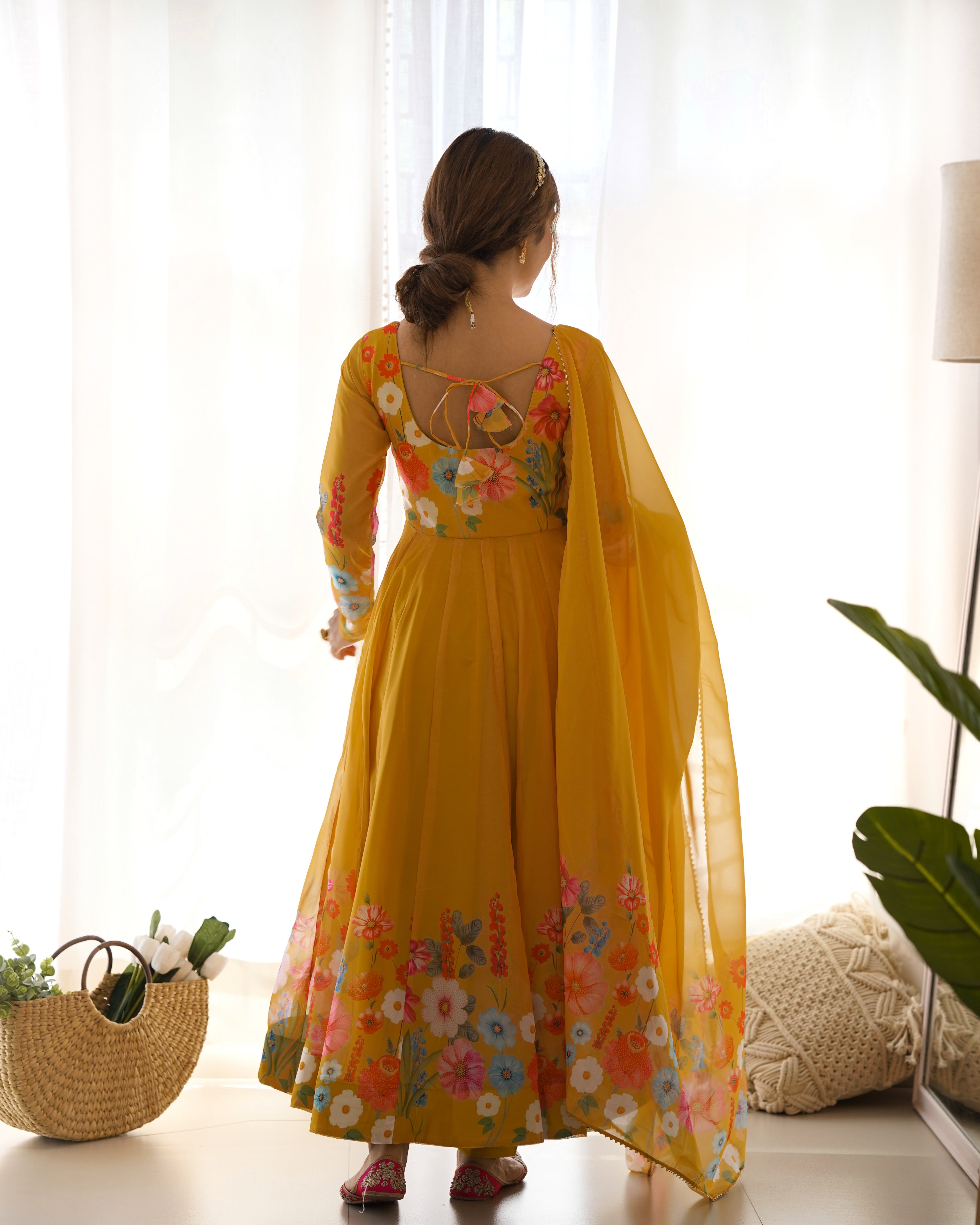 Yellow Floral Organza Silk Anarkali Set with Gota Patti Dupatta