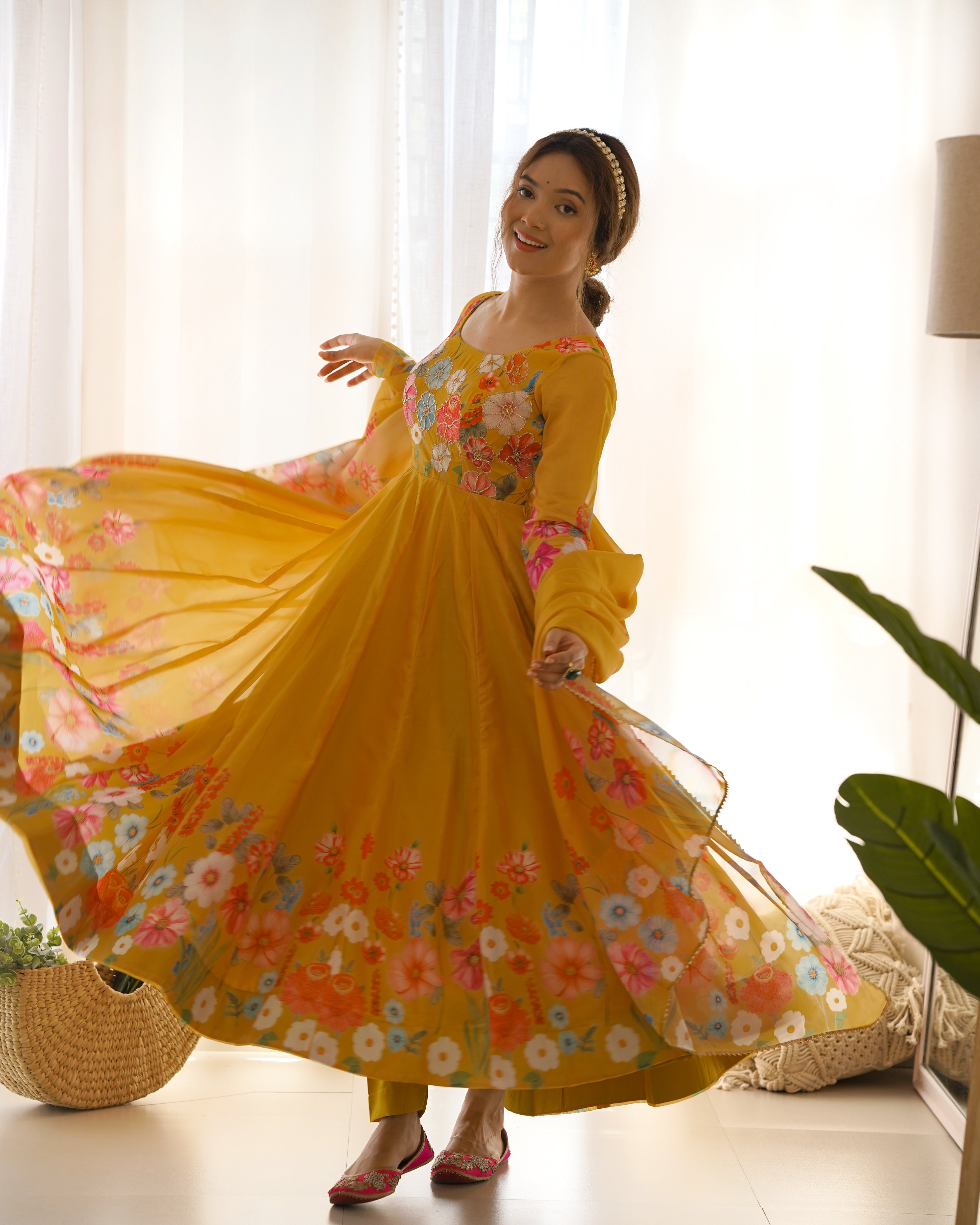 Yellow Floral Organza Silk Anarkali Set with Gota Patti Dupatta