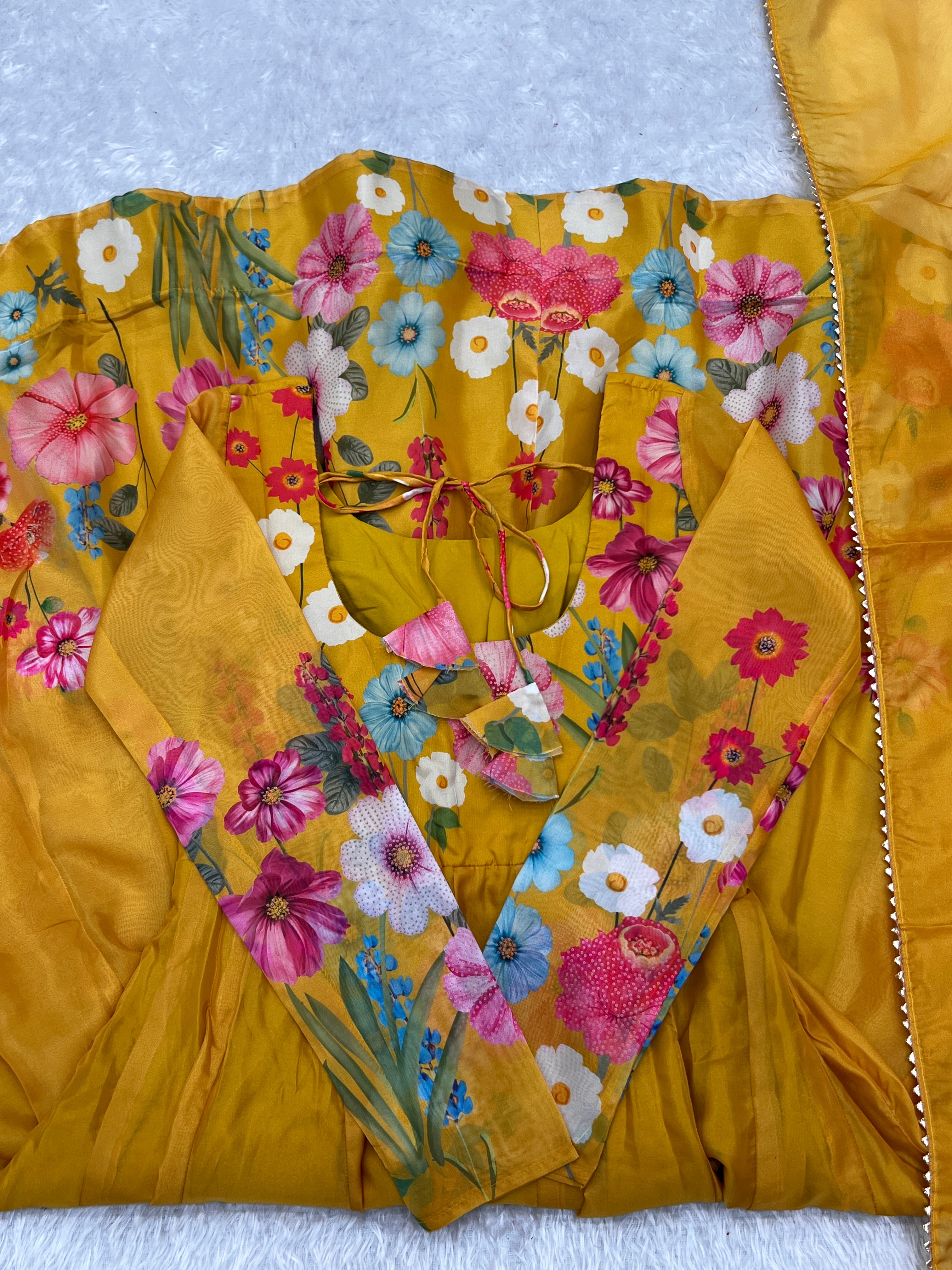 Yellow Floral Organza Silk Anarkali Set with Gota Patti Dupatta