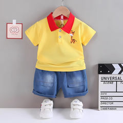 Yellow Giraffe Boys Collar T-Shirt & Bottom Set – Soft Cotton Kids Outfit for Toddlers