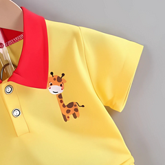 Yellow Giraffe Boys Collar T-Shirt & Bottom Set – Soft Cotton Kids Outfit for Toddlers