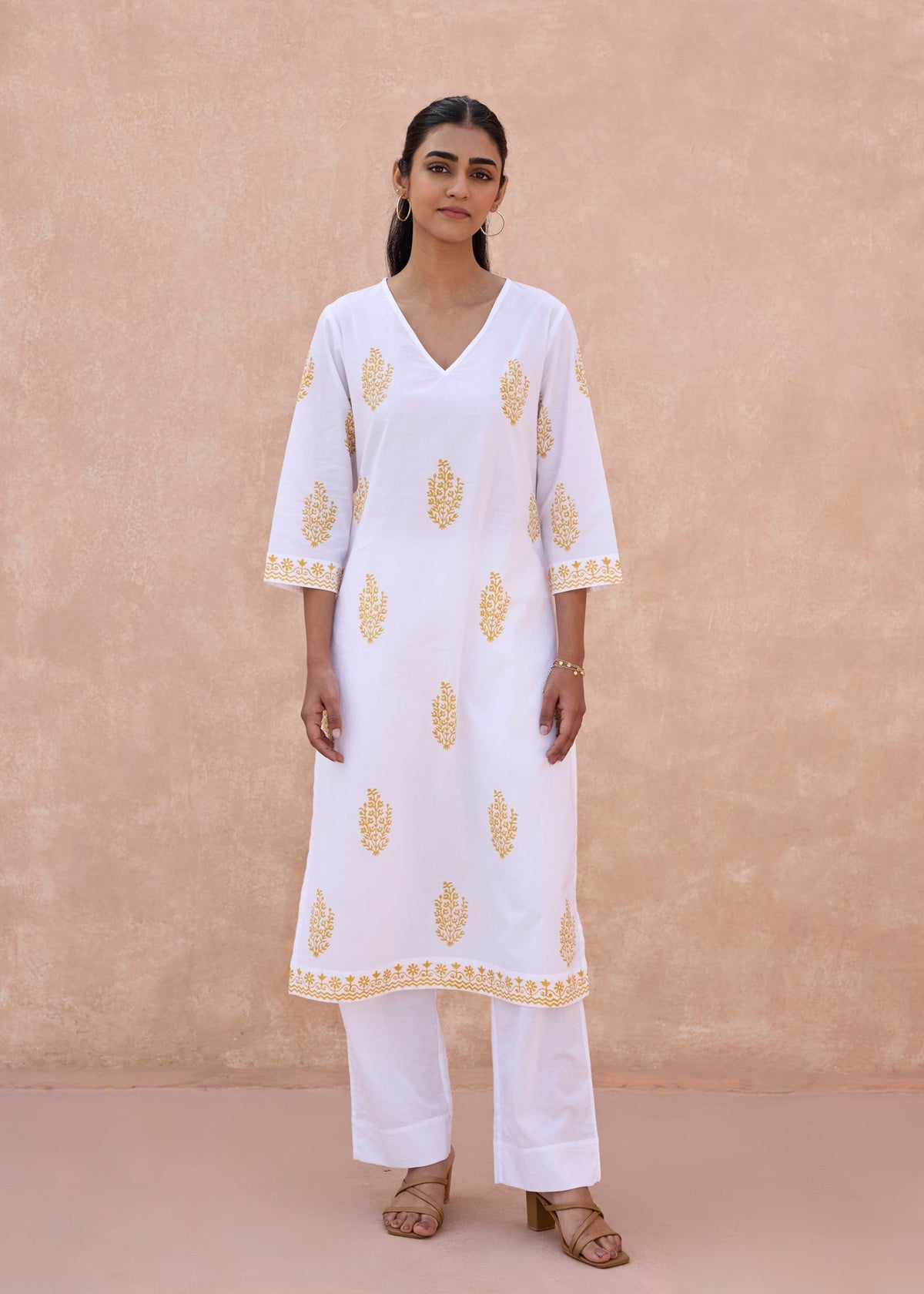 Yellow V-Neck Cotton Kurta with Classic Buta Print