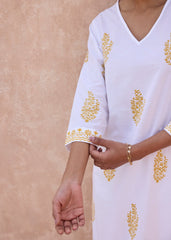 Yellow V-Neck Cotton Kurta with Classic Buta Print