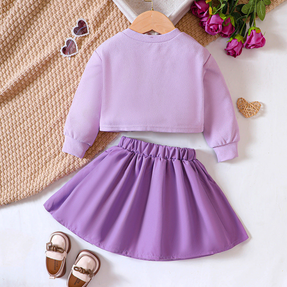Purple Pleated Skirt and Sweatshirt Set – Stylish Cotton Blend Outfit for Girls