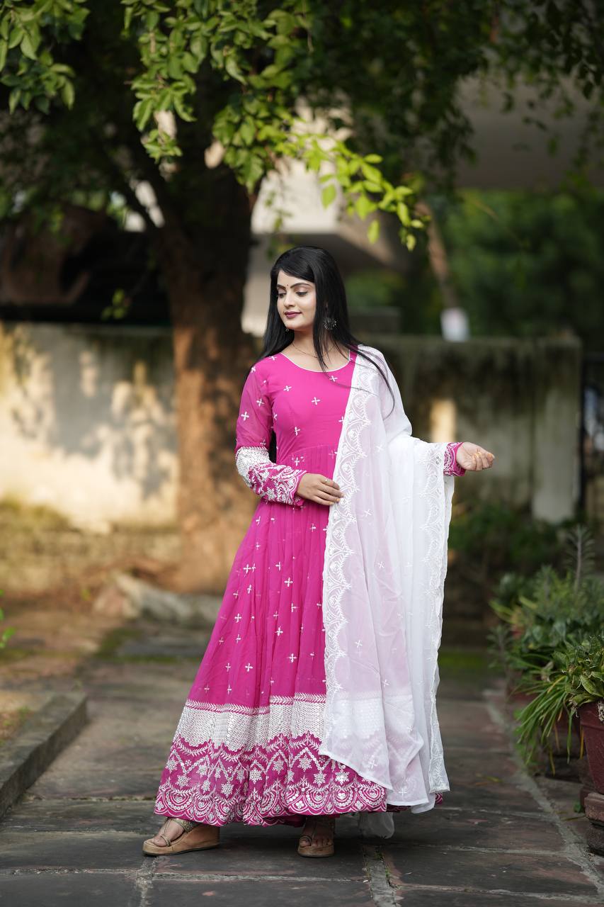 Embroidered Faux Georgette Kurta Set with Dupatta