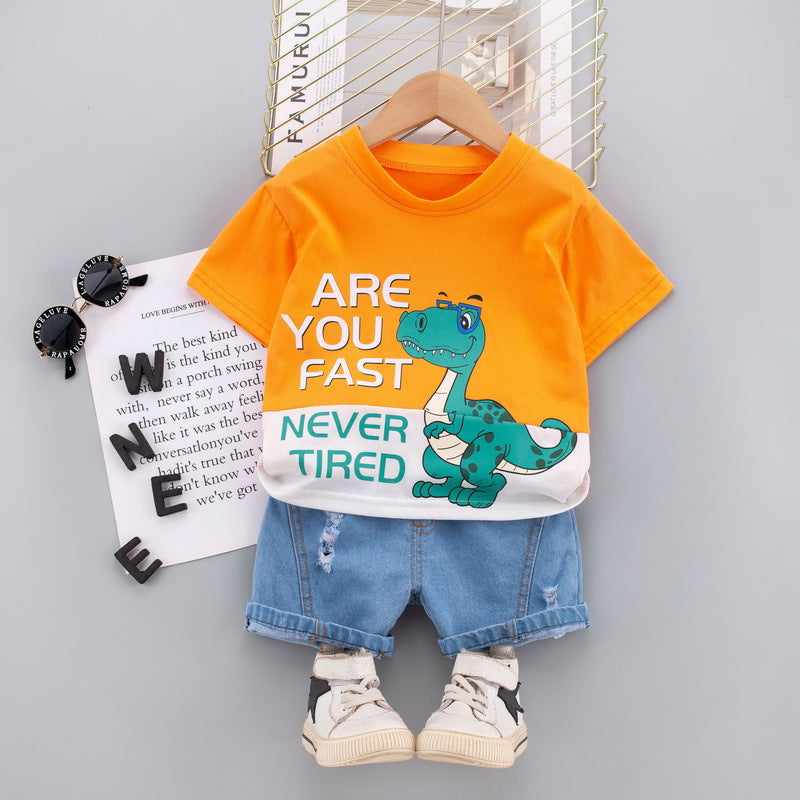Never Tired T-shirt and Denim Bottom Set – Casual Cotton Outfit for Boys