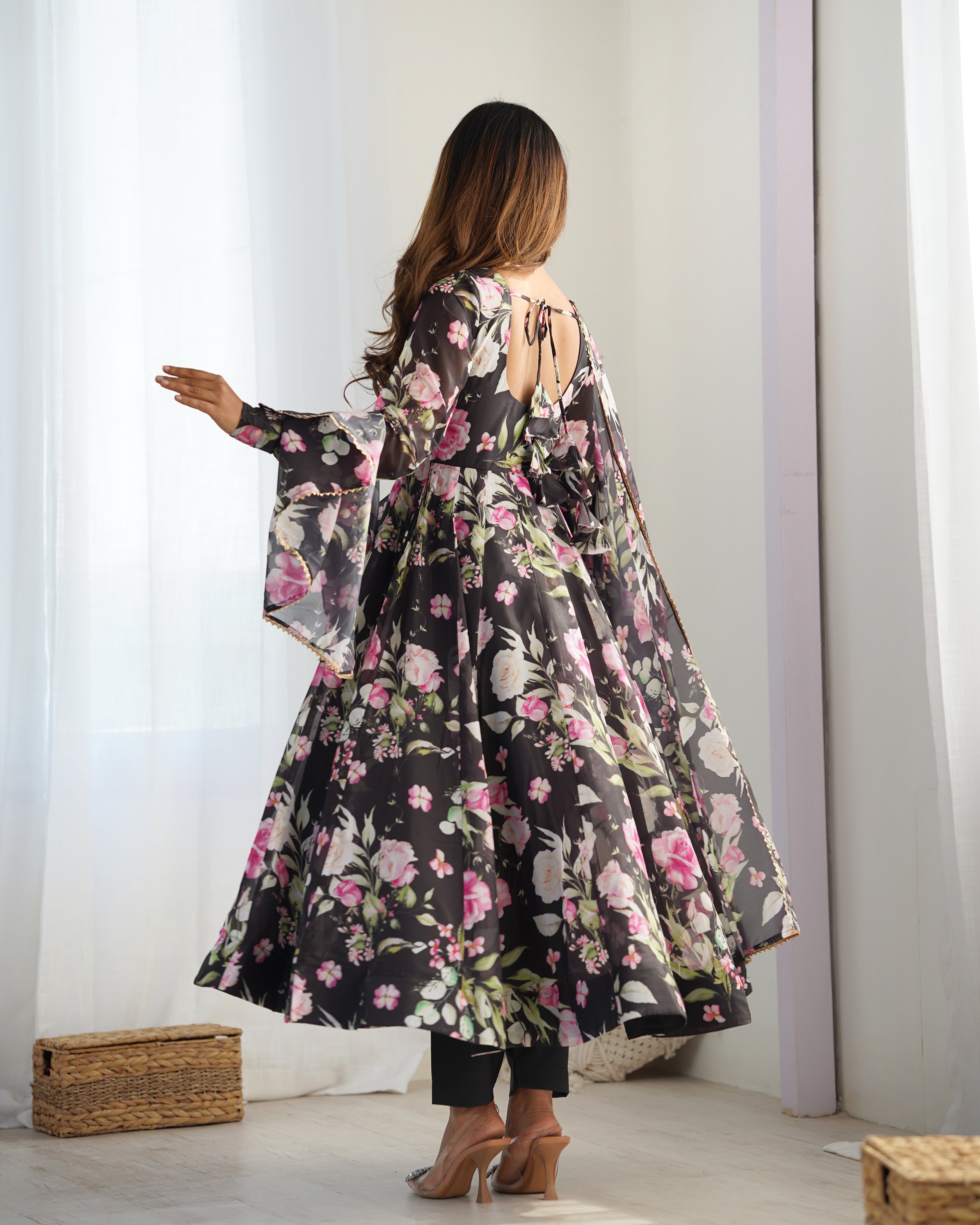 Black Pure Soft Organza Three-Piece Anarkali Suit with Floral Print and Gota Patti Dupatta