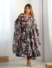 Black Pure Soft Organza Three-Piece Anarkali Suit with Floral Print and Gota Patti Dupatta