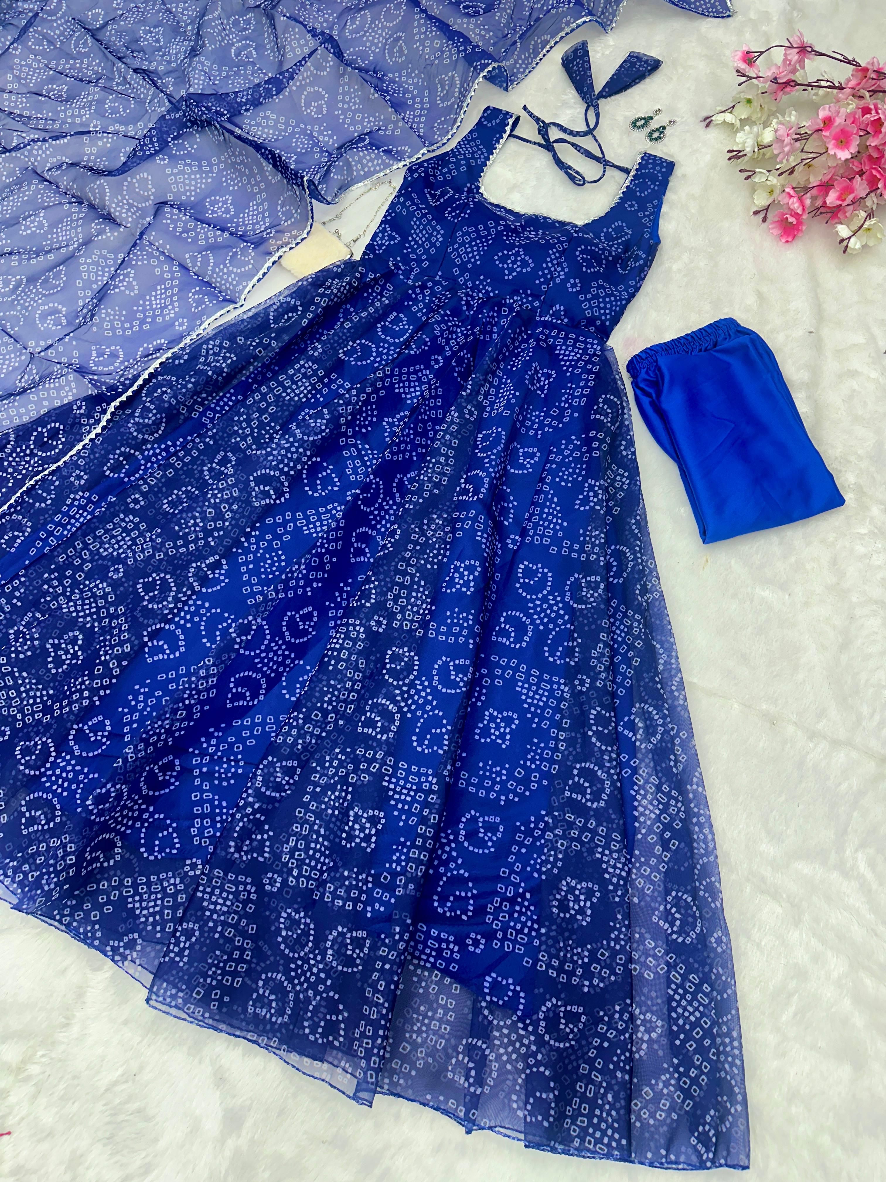 Exclusive Digital Printed Organza Silk Anarkali Suit with Lace Border Dupatta