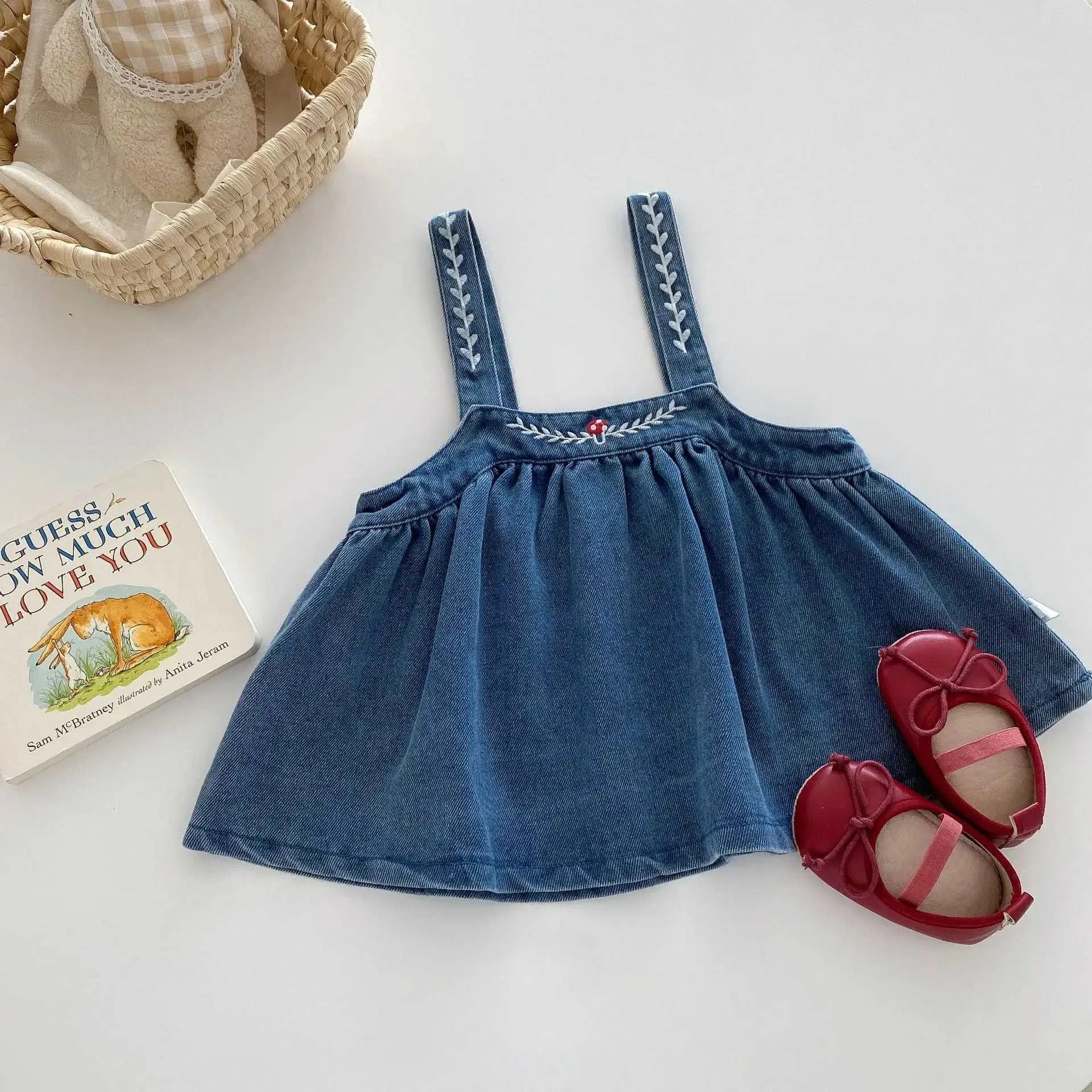 Valentina Embroidered Girls Top & Denim Dress Set – Stylish Cotton Blend Outfit
