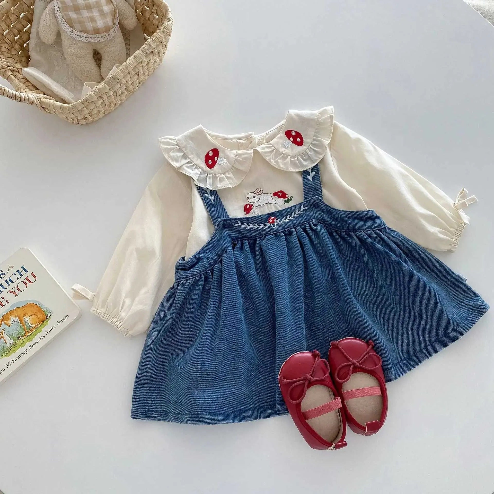 Valentina Embroidered Girls Top & Denim Dress Set – Stylish Cotton Blend Outfit