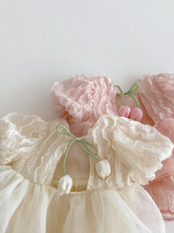 3D Tulips Baby Girls Lace Romper Dress – Soft Cotton Lined Outfit