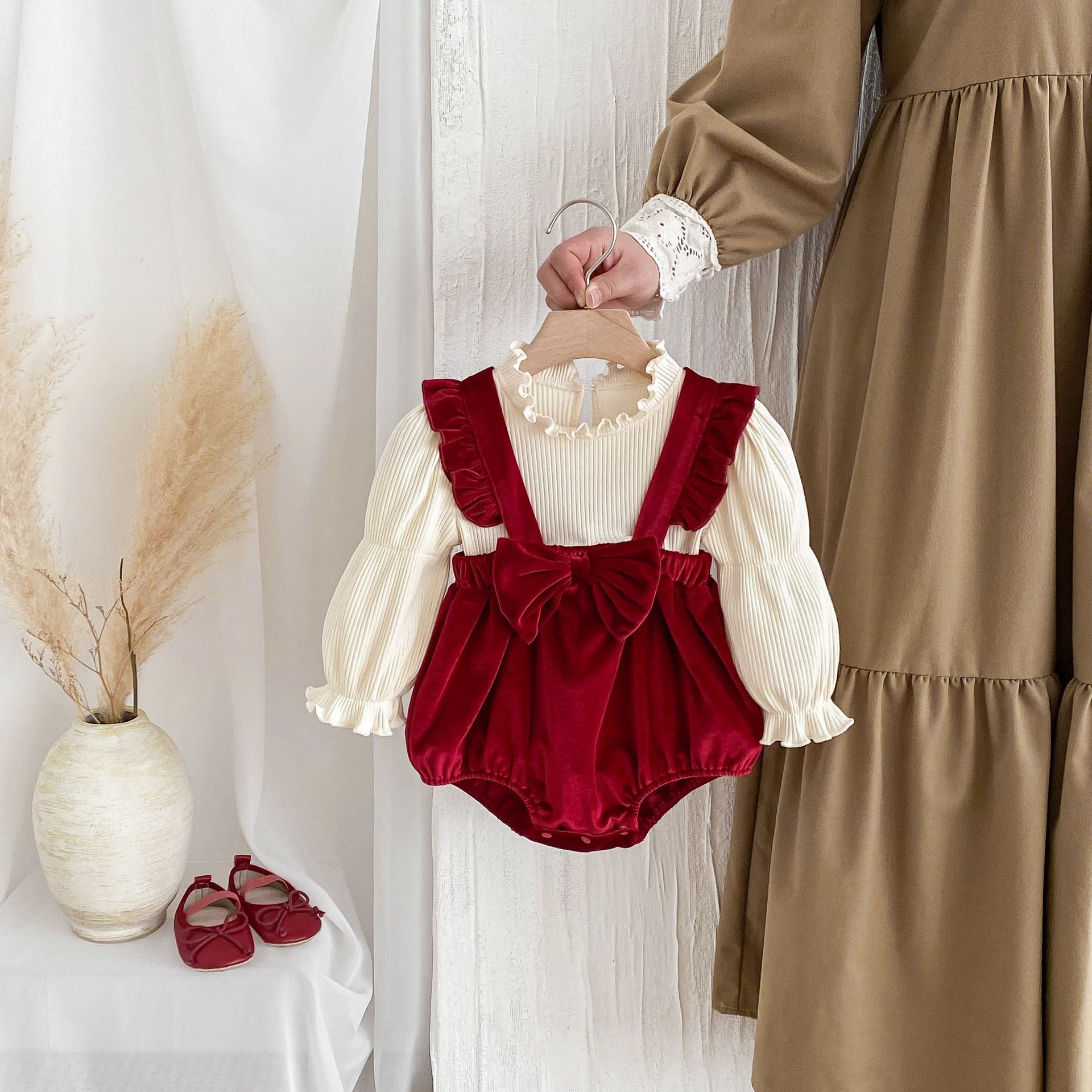 Velvet Wine Baby Girl Romper Dress – Soft and Elegant Infant Outfit