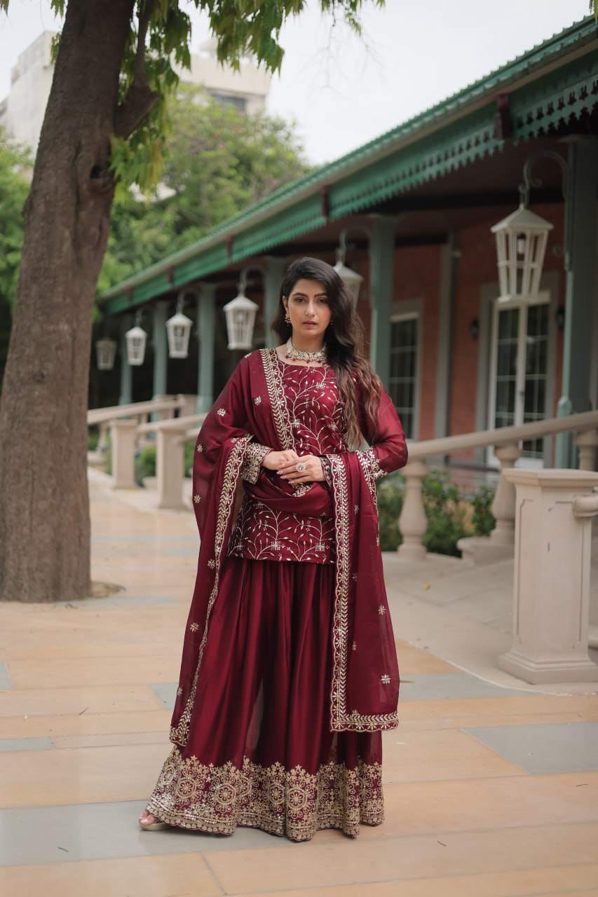 Rangoli Silk Embroidered Kurti Set with Plazzo & Dupatta