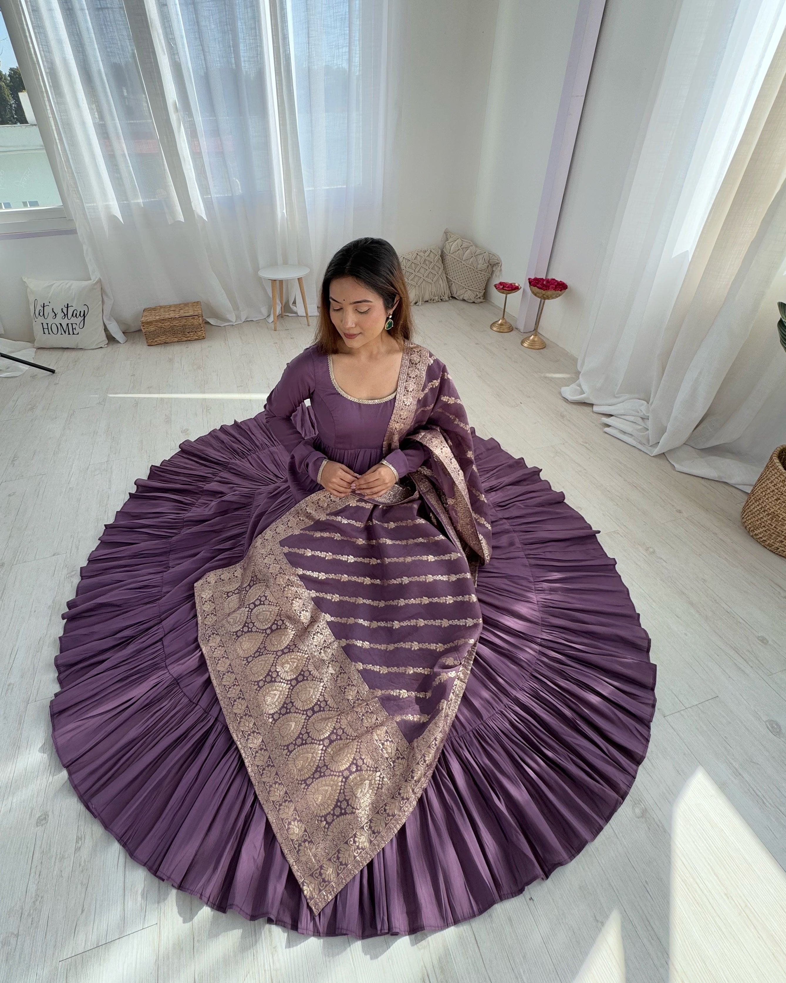 Dusty Purple Roman Silk Ruffle Anarkali Suit