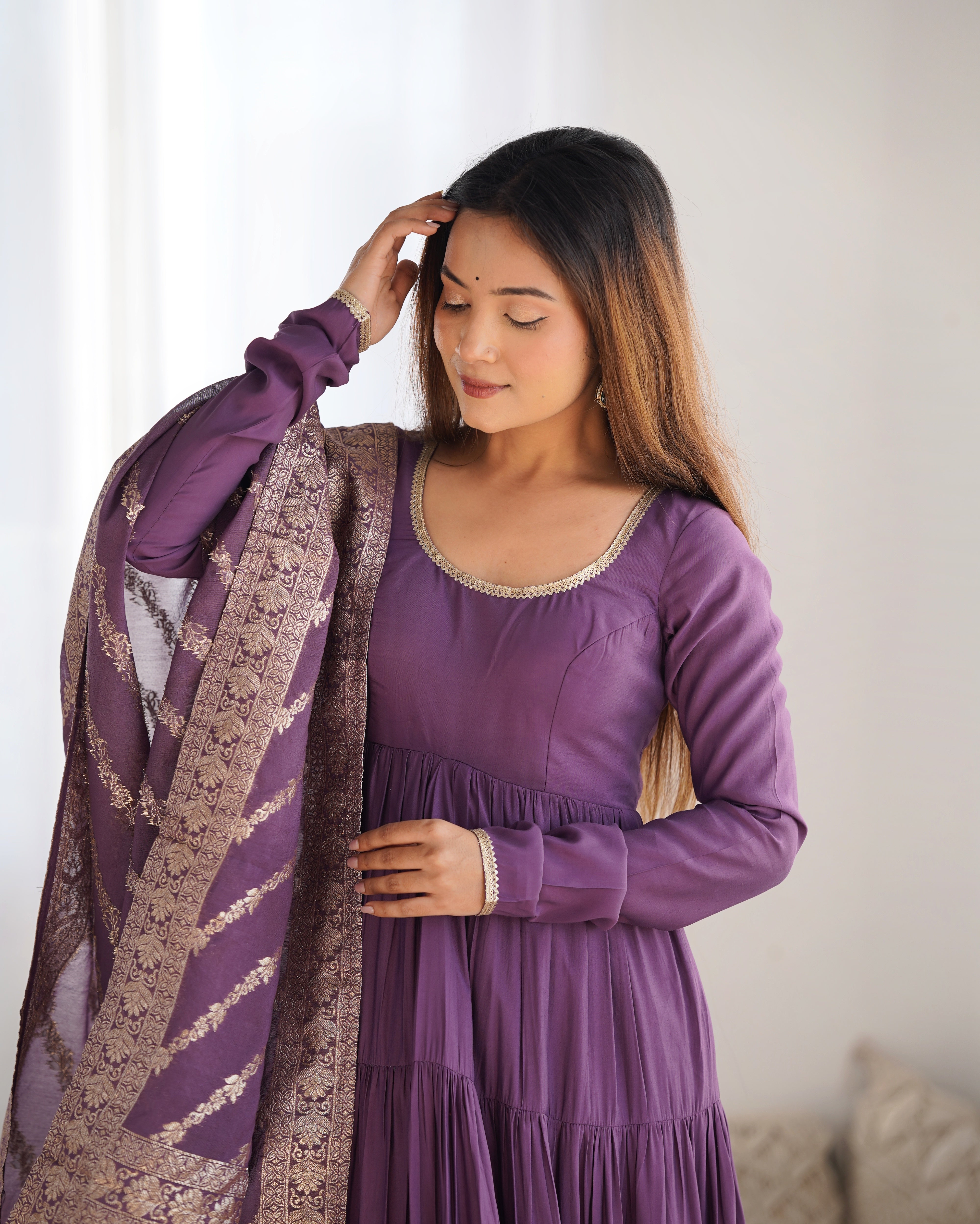 Dusty Purple Roman Silk Ruffle Anarkali Suit