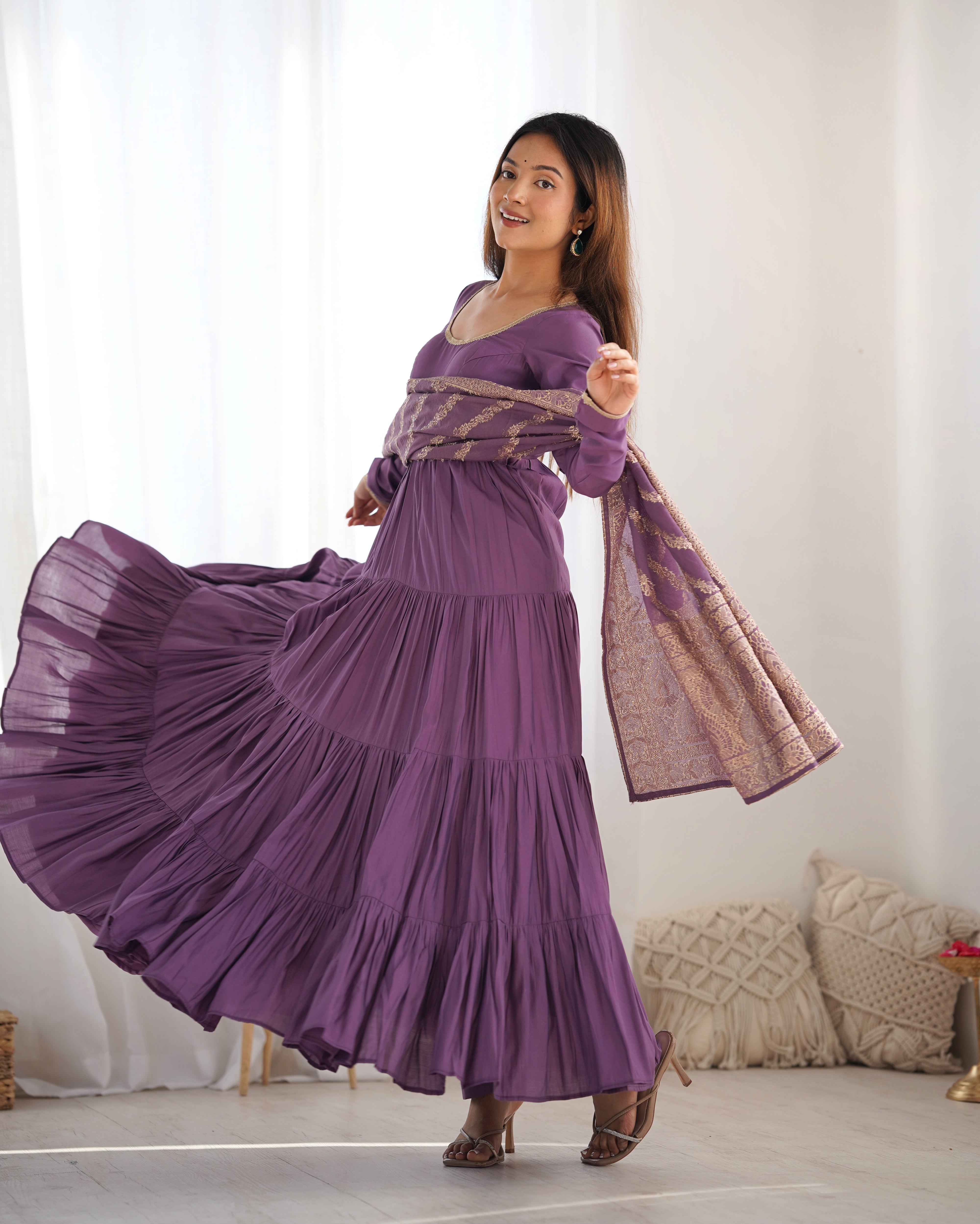 Dusty Purple Roman Silk Ruffle Anarkali Suit