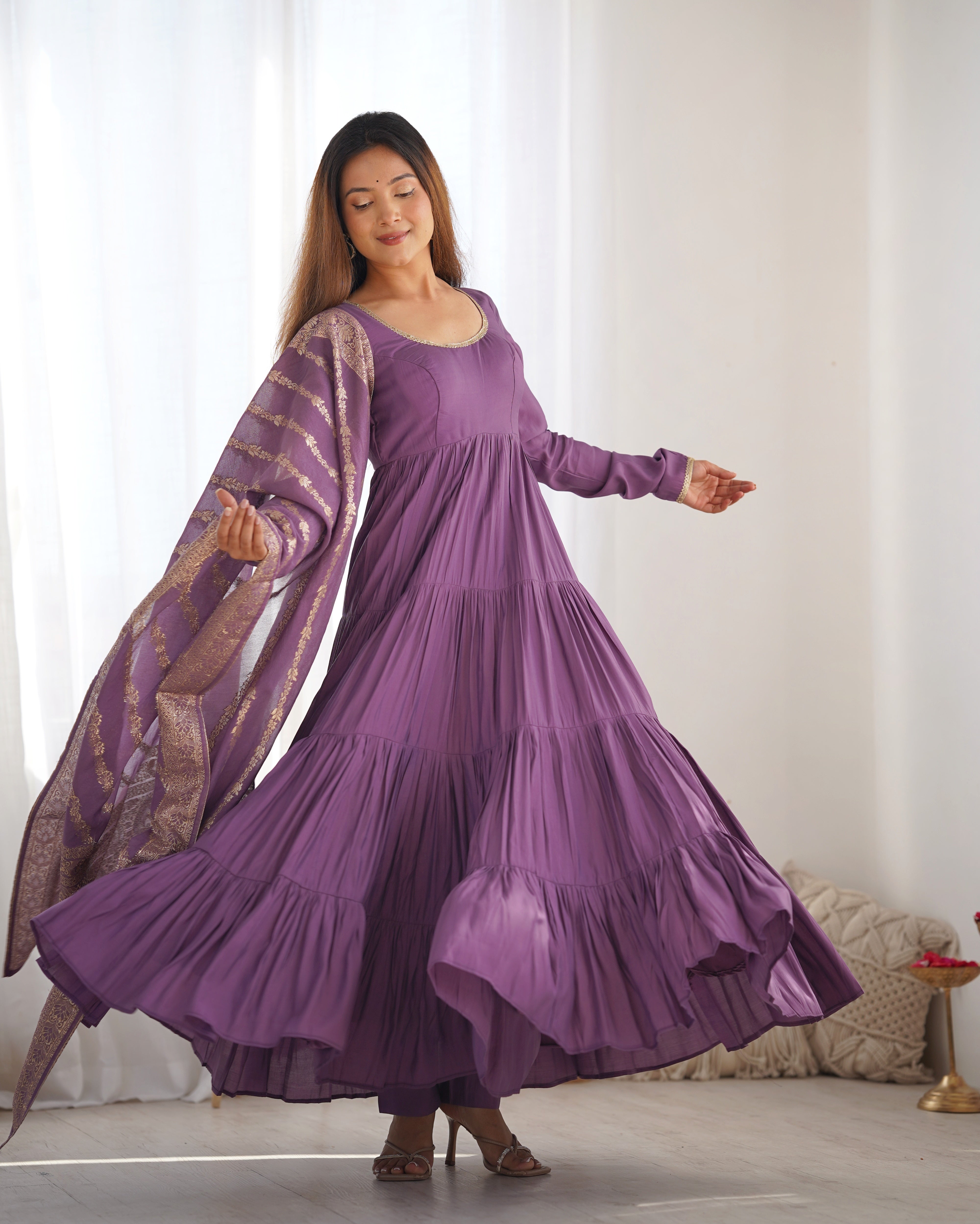 Dusty Purple Roman Silk Ruffle Anarkali Suit