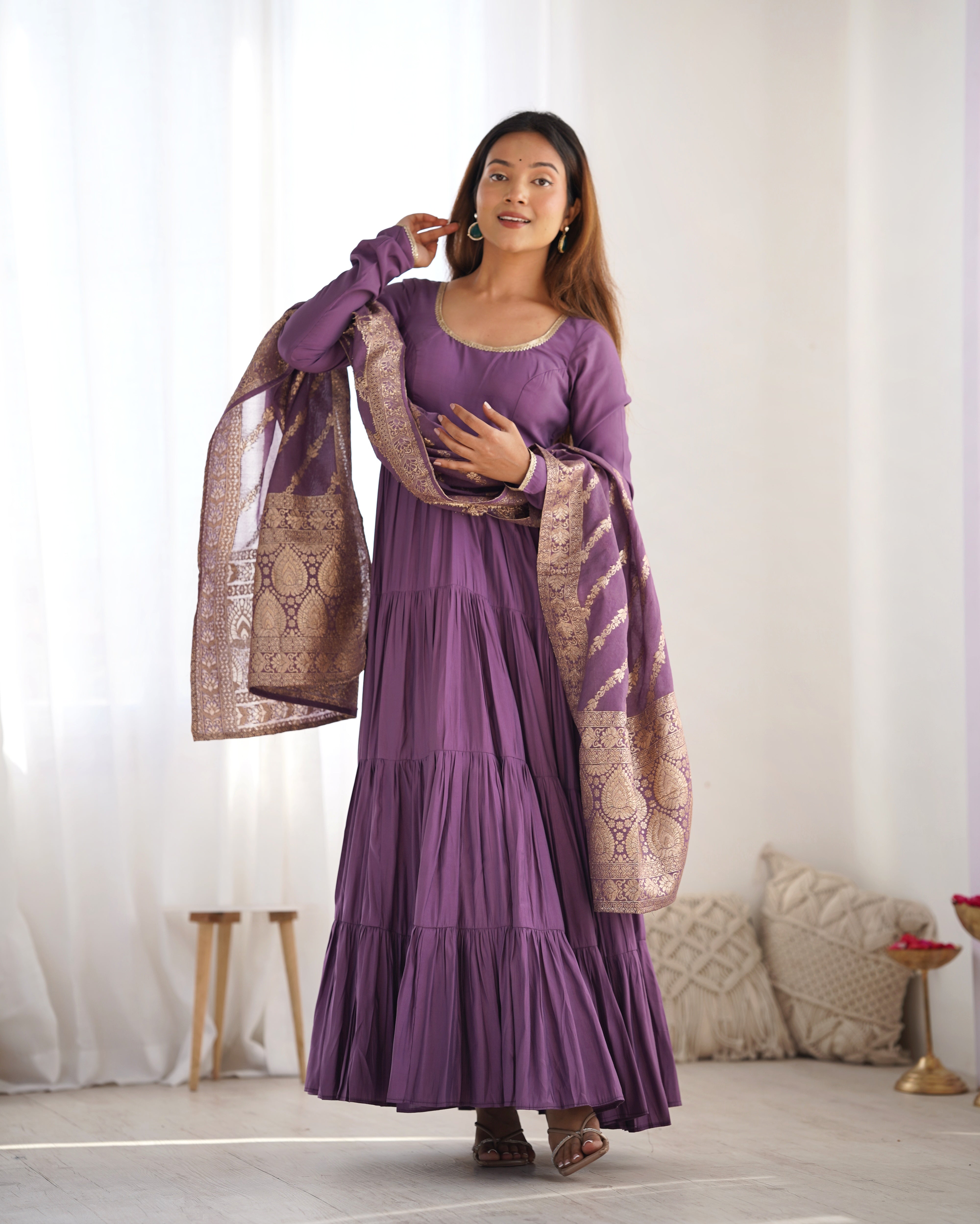 Dusty Purple Roman Silk Ruffle Anarkali Suit