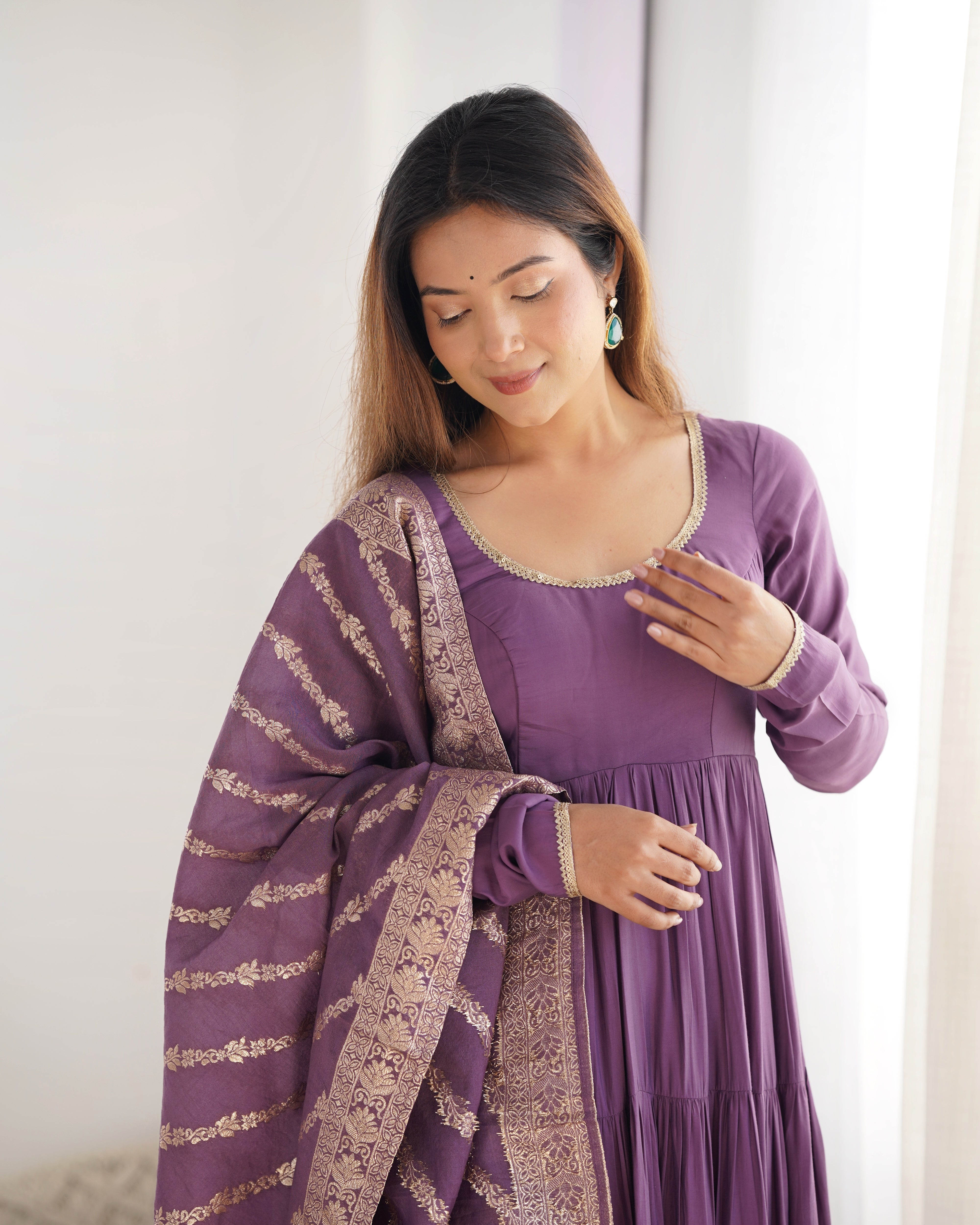 Dusty Purple Roman Silk Ruffle Anarkali Suit