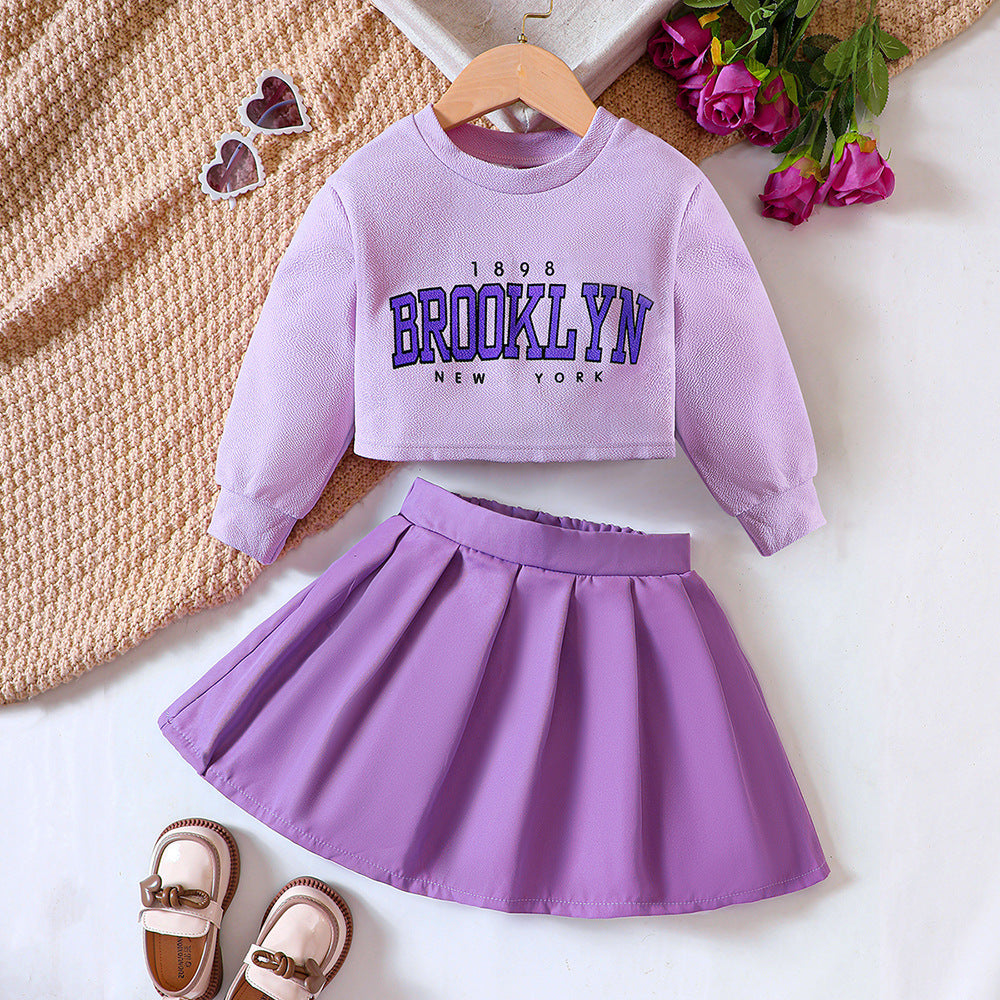 Purple Pleated Skirt and Sweatshirt Set – Stylish Cotton Blend Outfit for Girls