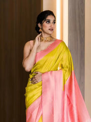 Yellow & Pink Woven Banarasi Soft Silk Saree