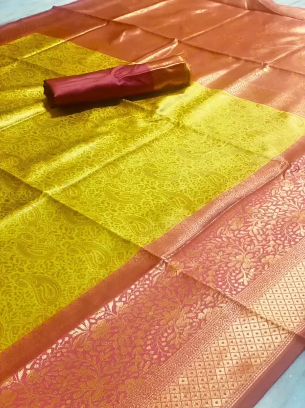 Yellow & Pink Woven Banarasi Soft Silk Saree