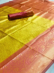 Yellow & Pink Woven Banarasi Soft Silk Saree