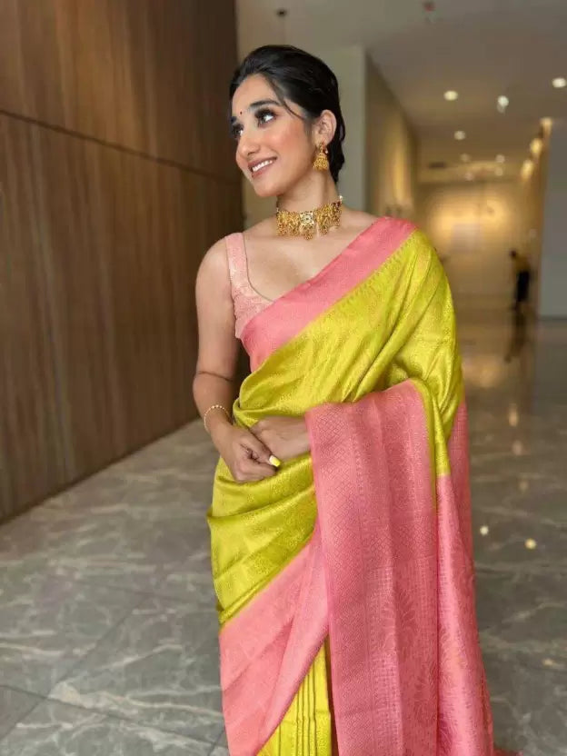 Yellow & Pink Woven Banarasi Soft Silk Saree