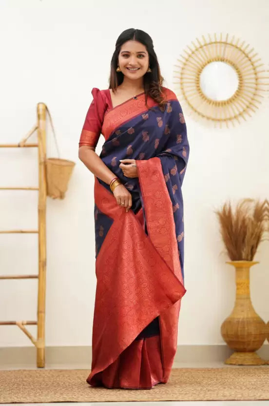 Woven Kanjivaram Jacquard, Pure Silk Saree  (Dark Blue)