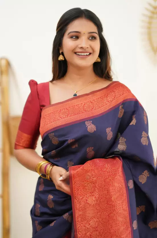 Woven Kanjivaram Jacquard, Pure Silk Saree  (Dark Blue)