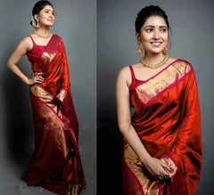 Woven Banarasi Jacquard Saree  (Red)
