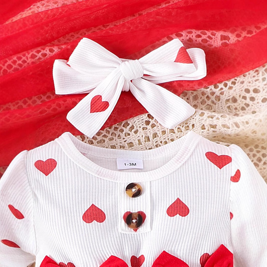 Polka Hearts Baby Girls Romper Dress Set with Socks and Head Bow – Soft Cotton Outfit