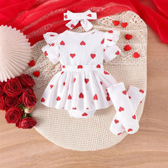 Polka Hearts Baby Girls Romper Dress Set with Socks and Head Bow – Soft Cotton Outfit