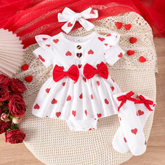 Polka Hearts Baby Girls Romper Dress Set with Socks and Head Bow – Soft Cotton Outfit