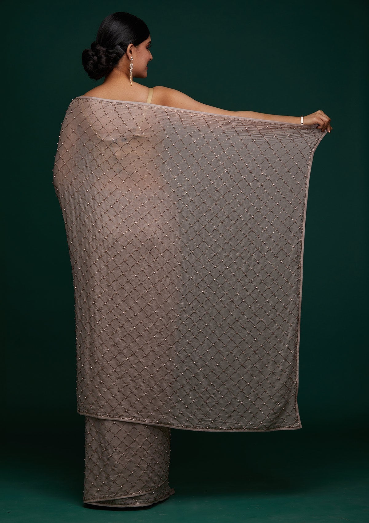 Beige Satin Saree with Pearlwork Embroidery – Elegant & Playful