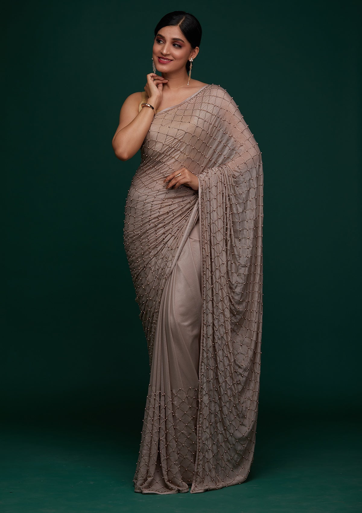 Beige Satin Saree with Pearlwork Embroidery – Elegant & Playful