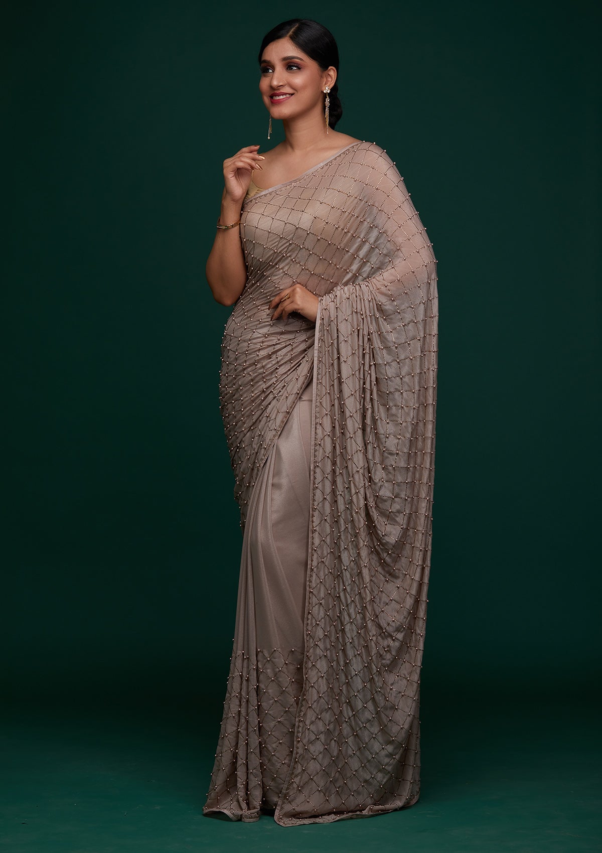 Beige Satin Saree with Pearlwork Embroidery – Elegant & Playful