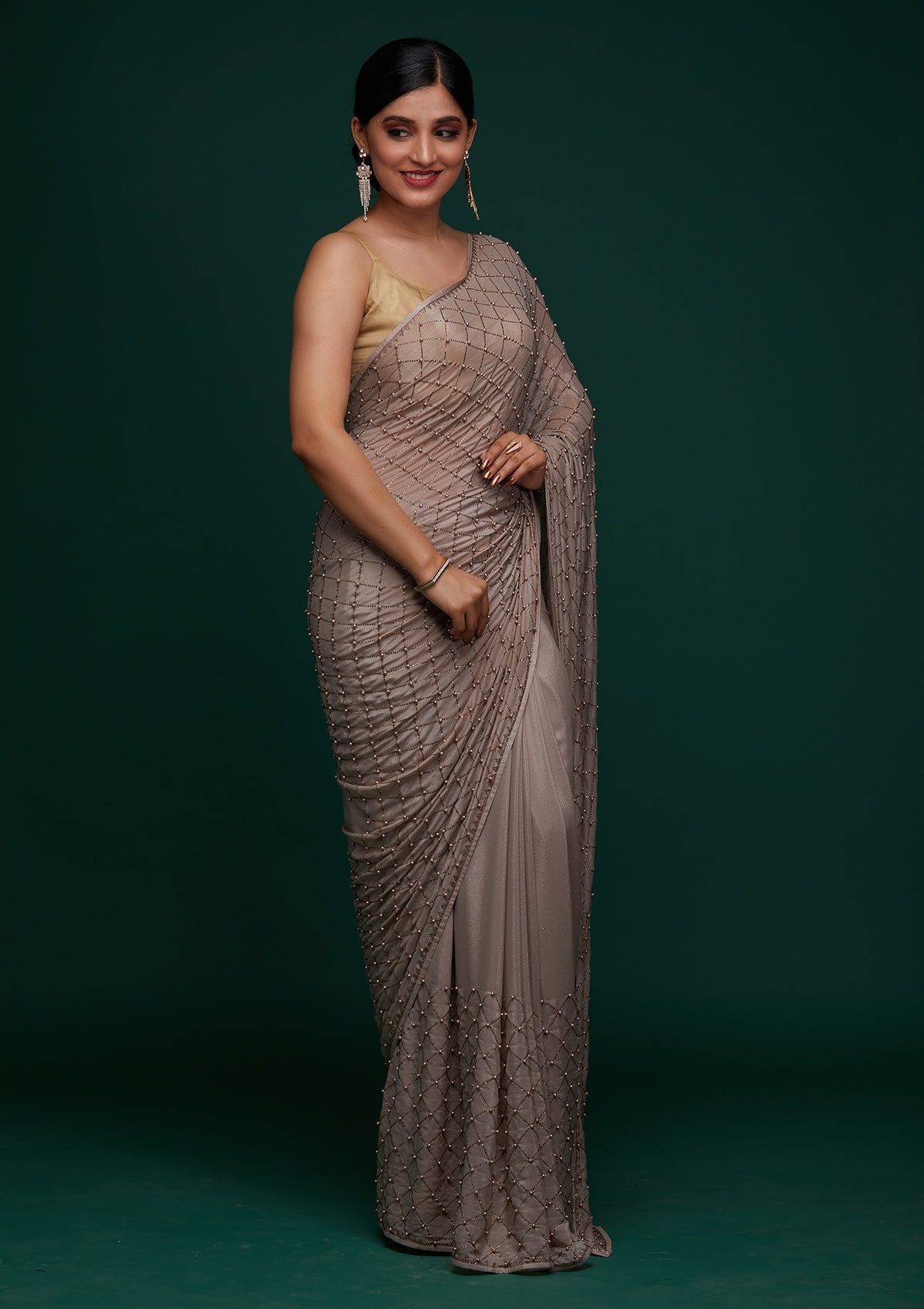 Beige Satin Saree with Pearlwork Embroidery – Elegant & Playful