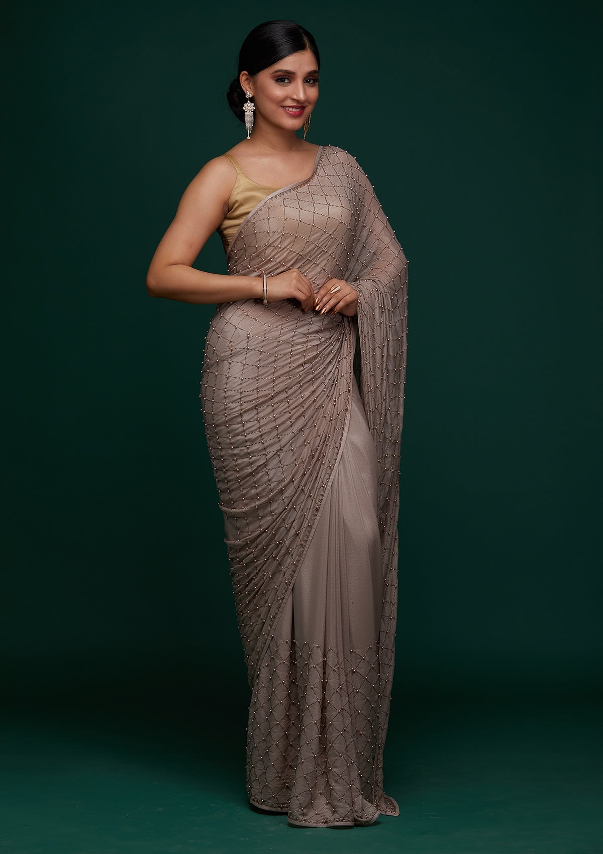 Beige Satin Saree with Pearlwork Embroidery – Elegant & Playful