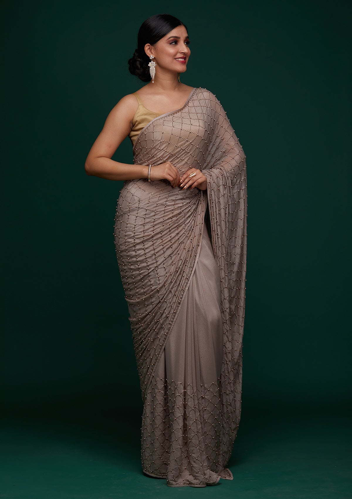 Beige Satin Saree with Pearlwork Embroidery – Elegant & Playful