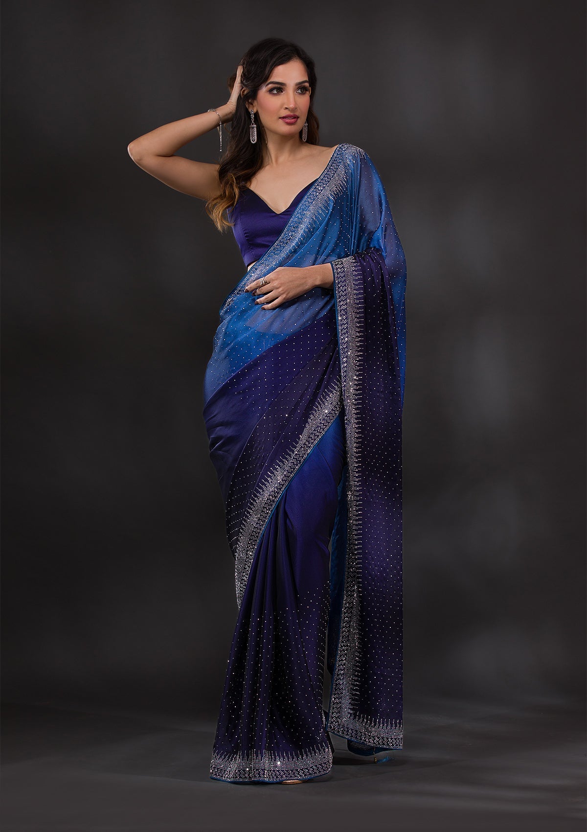 Blue Semi Crepe Saree with Silver Stonework – Playful & Sophisticated
