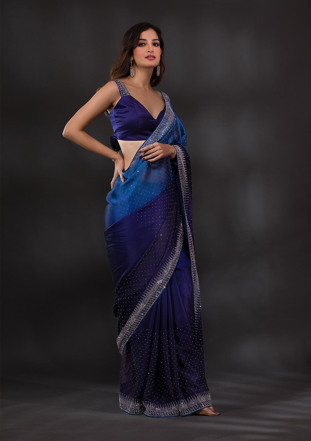 Blue Semi Crepe Saree with Silver Stonework – Playful & Sophisticated