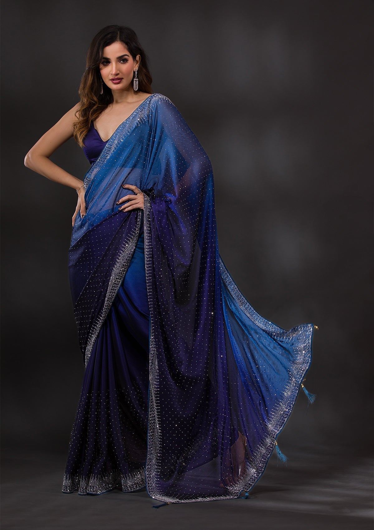 Blue Semi Crepe Saree with Silver Stonework – Playful & Sophisticated
