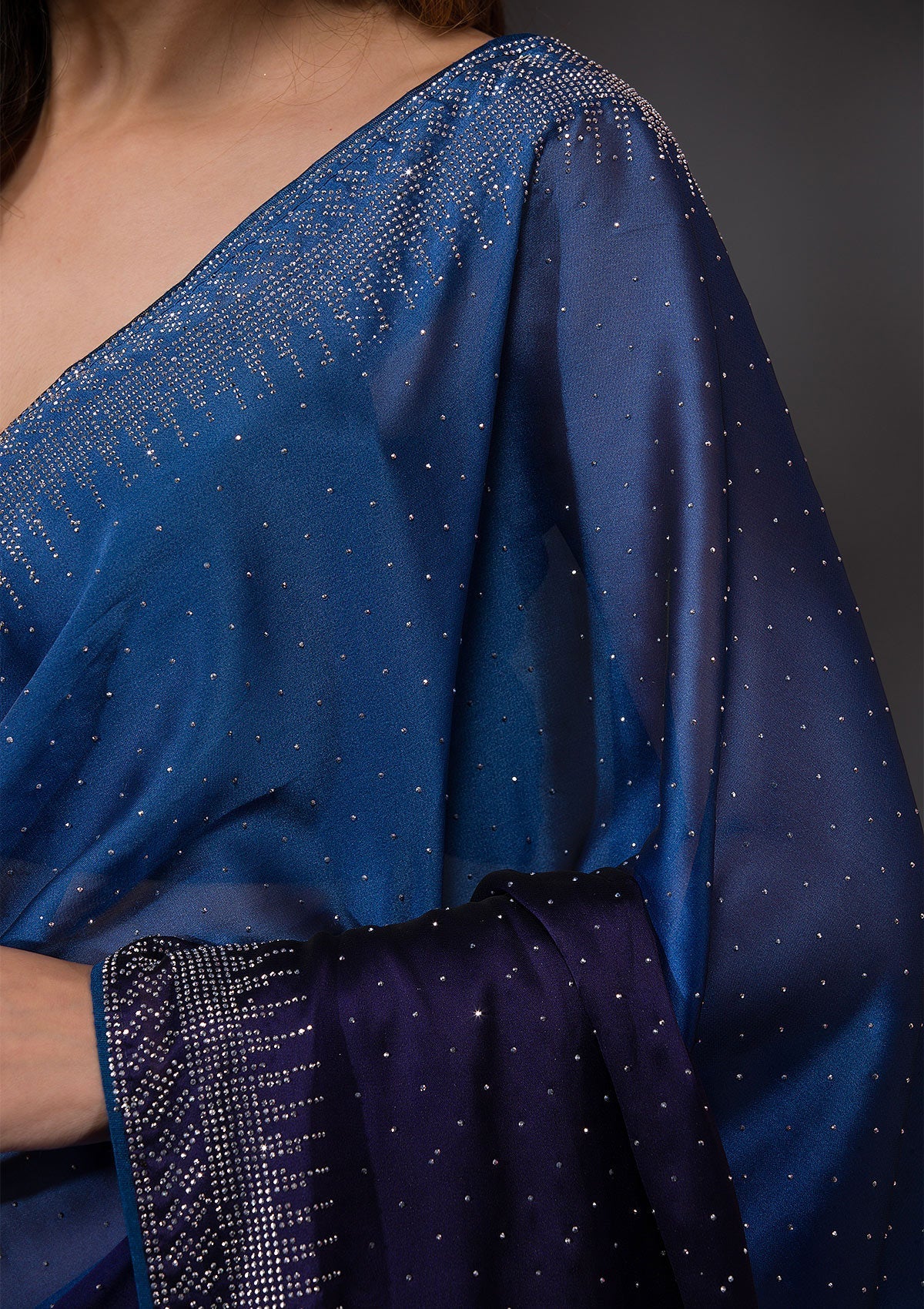 Blue Semi Crepe Saree with Silver Stonework – Playful & Sophisticated