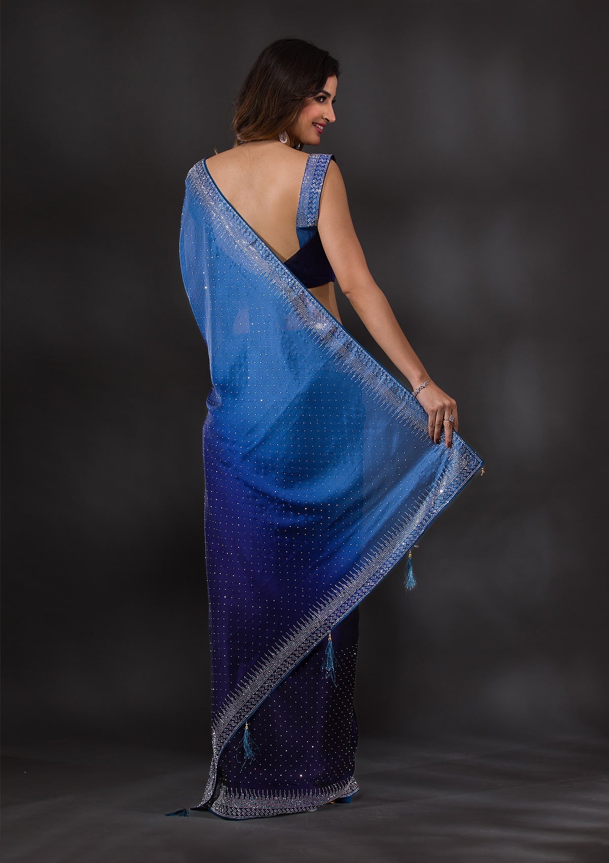 Blue Semi Crepe Saree with Silver Stonework – Playful & Sophisticated