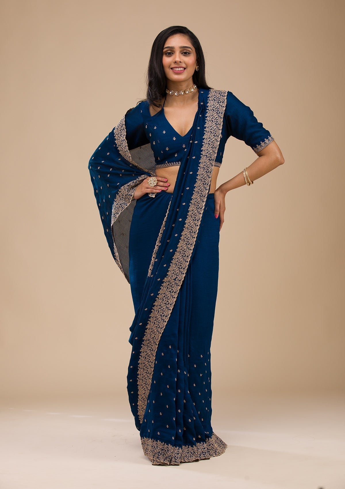 Navy Blue Raw Silk Saree with Gold Zariwork – Elegant & Vibrant