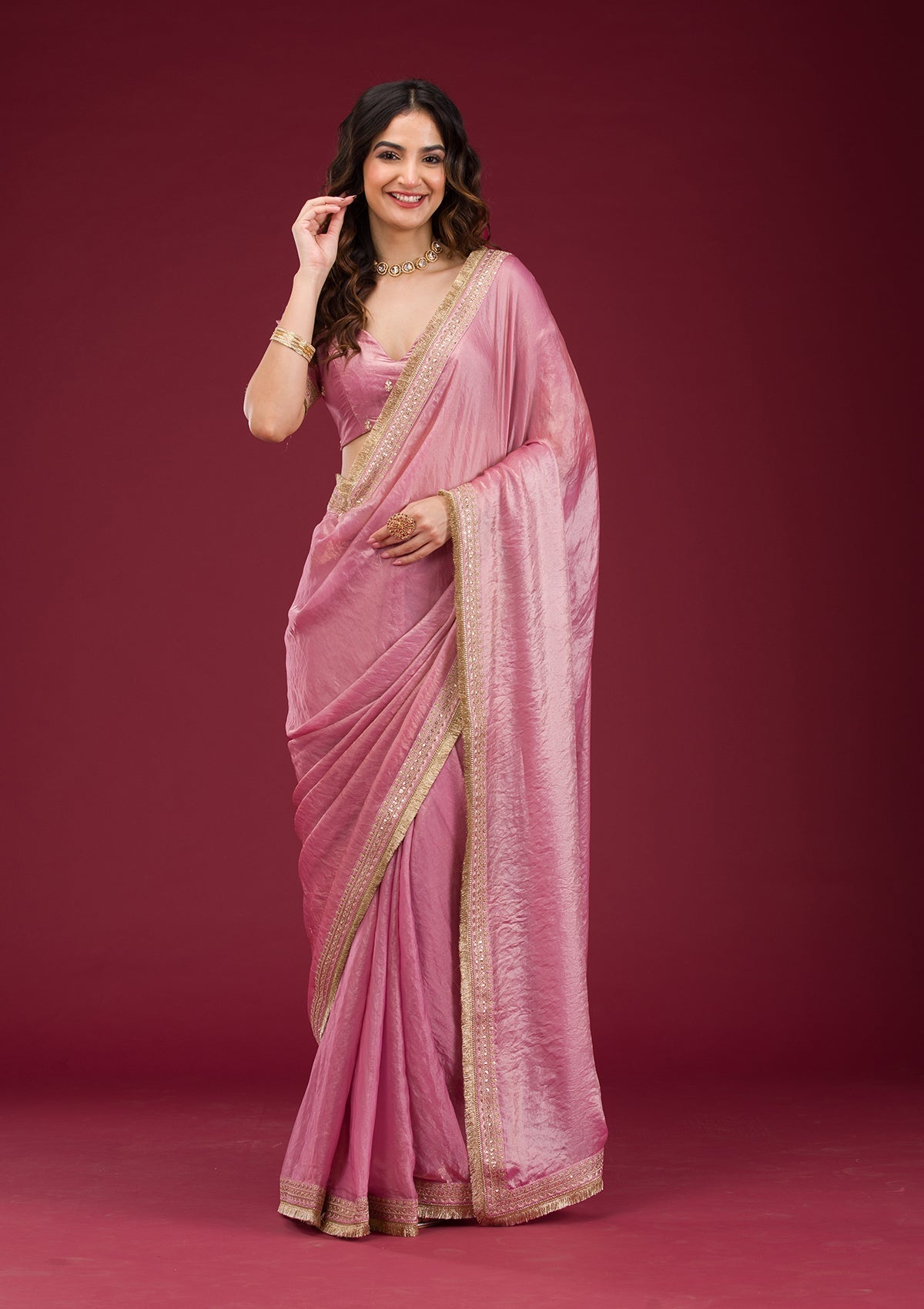 Pink Tissue Saree with Intricate Threadwork Embroidery – Elegant Festive Wear