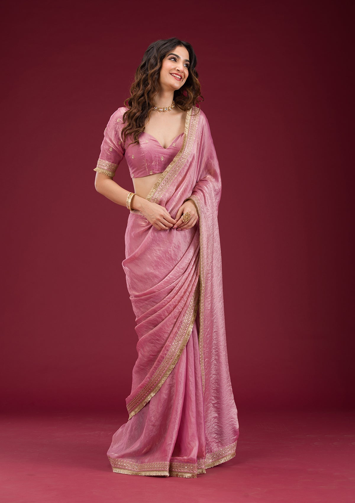 Pink Tissue Saree with Intricate Threadwork Embroidery – Elegant Festive Wear